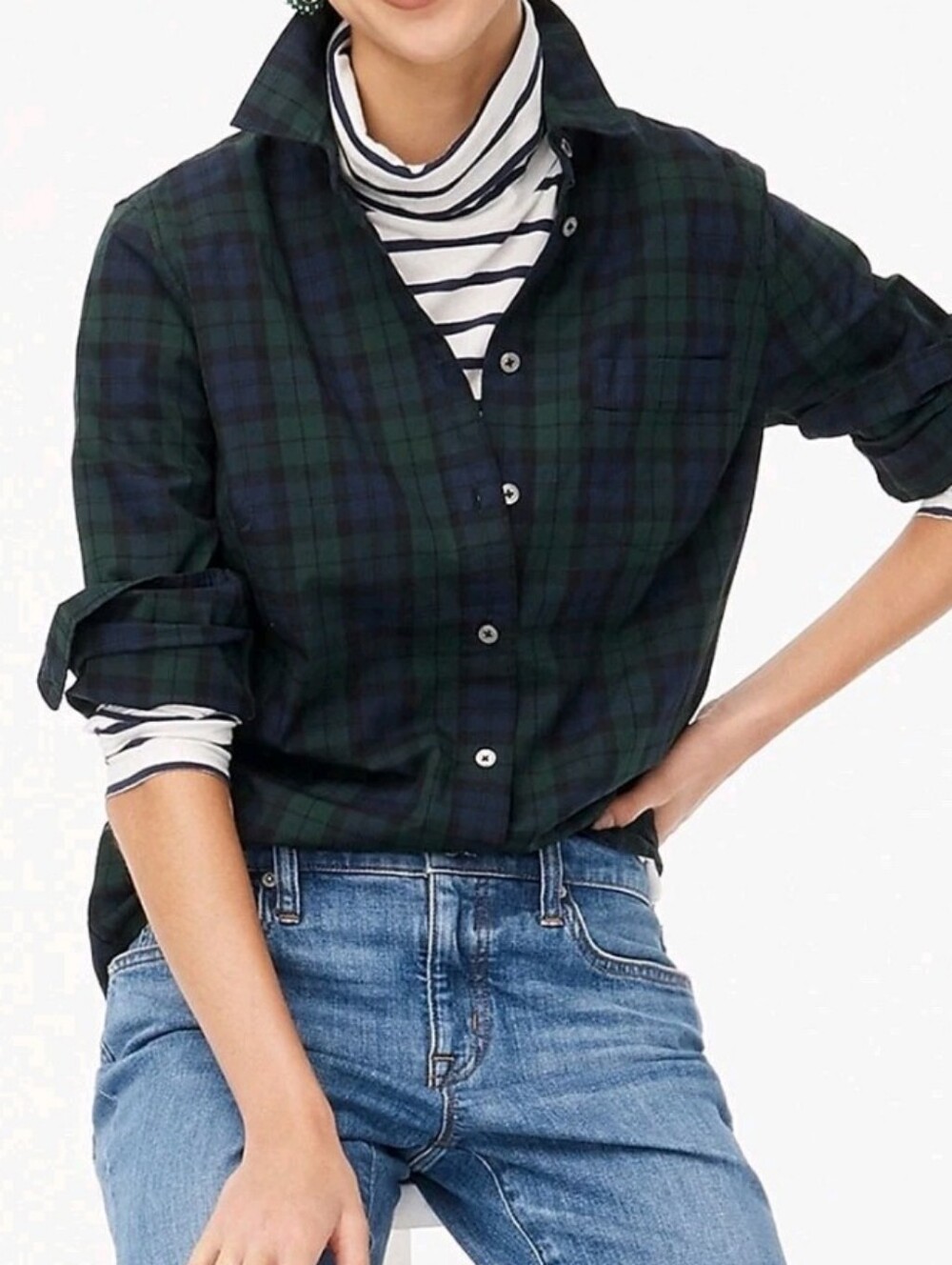 J Crew Black Navy Green Watch Plaid Cotton Shirt Sz L